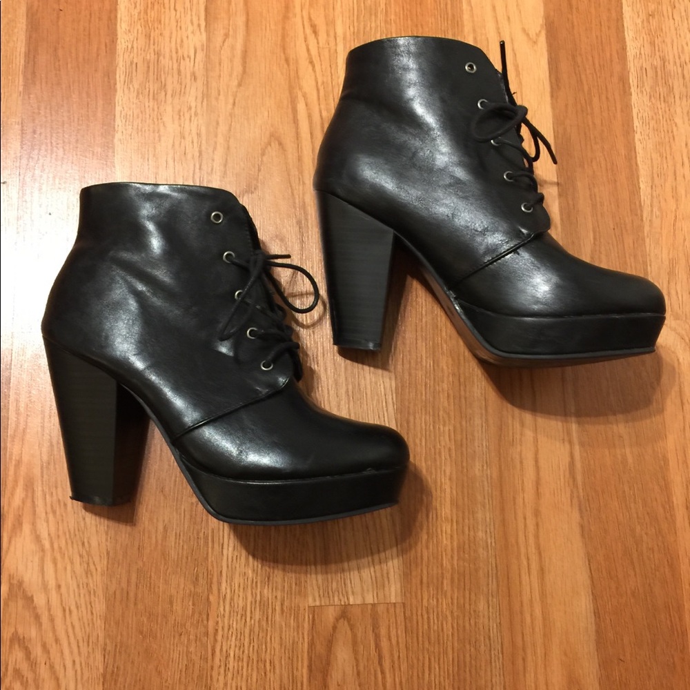 Black Lace Up Heeled Ankle Boots
